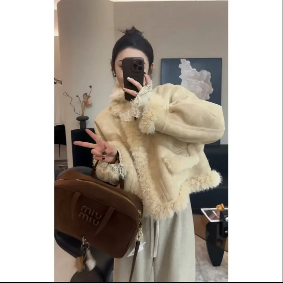 【51】新款皮毛一体2024冬加厚毛外套女短款小个子冬季外套