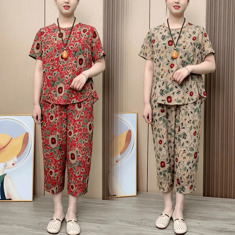 中老年妈妈装夏季新款短袖印花套装女时尚宽松显瘦大码薄款两件套