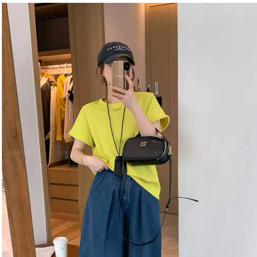 D9905短款通勤短袖常规圆领纯色T恤袖口卷边百搭上衣