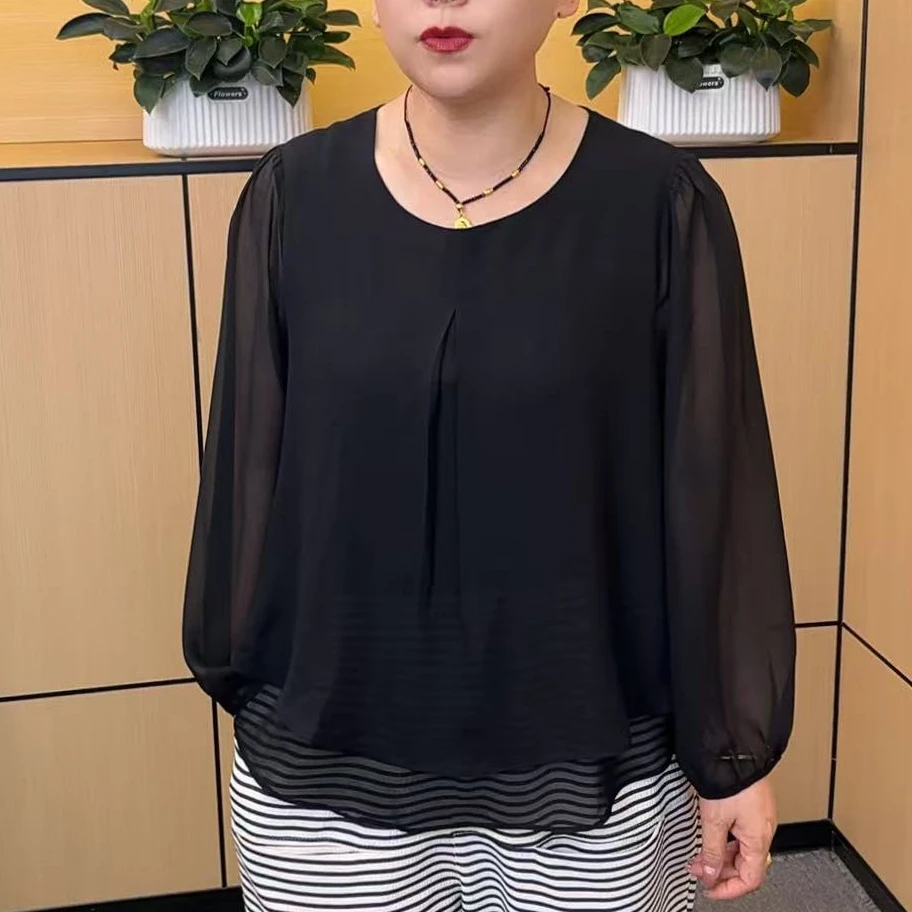 方姐优选  九分袖夏季T恤黑色简约宽松纱纱上衣纯色