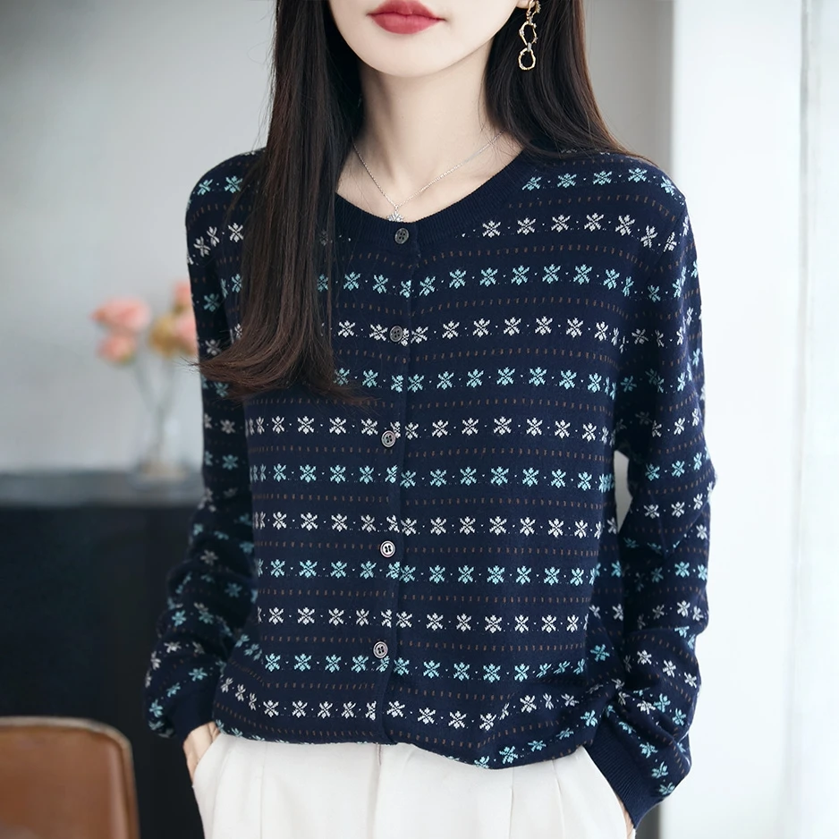 哥弟阿玛施正品秋季新款时尚圆领条纹长袖针织开衫宽松显瘦外套女