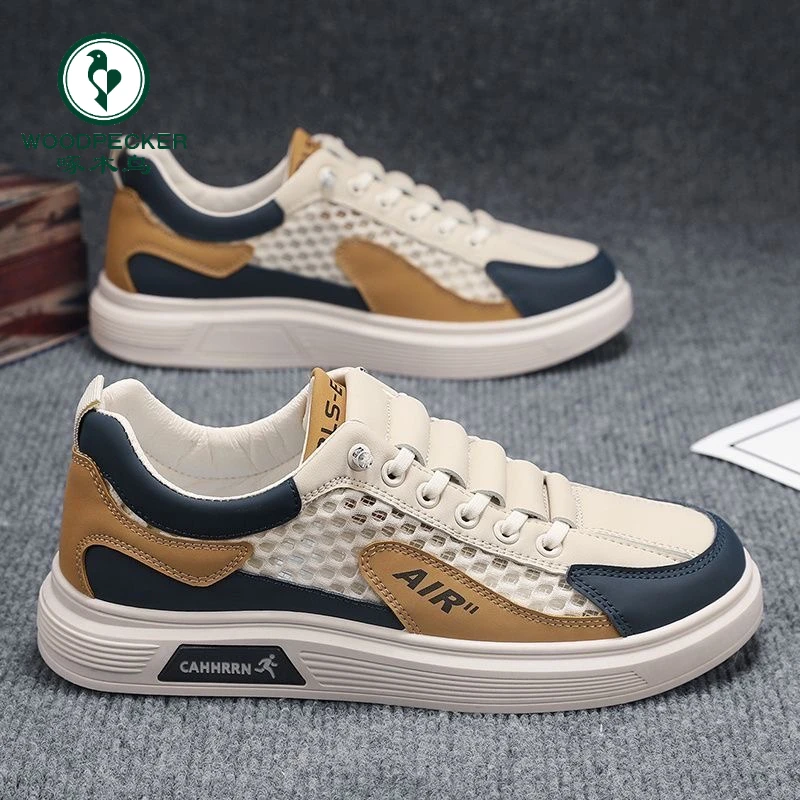 【正品】啄木鸟男鞋春季大网孔板鞋时尚潮流百搭防滑网面透气休闲鞋