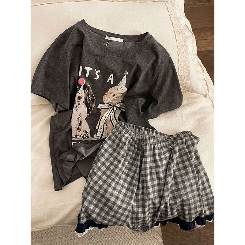 ins风设计感小狗印花短袖睡衣女夏季2025新款黑色短裤套装居家服