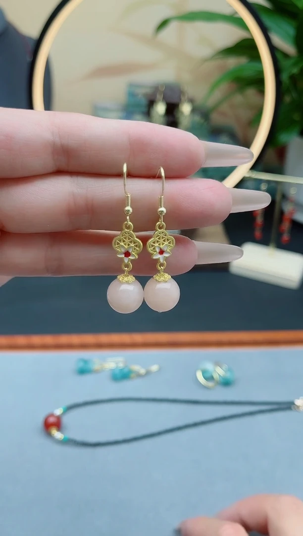 玛瑙/玉髓耳饰银S925镶嵌00藕粉国风