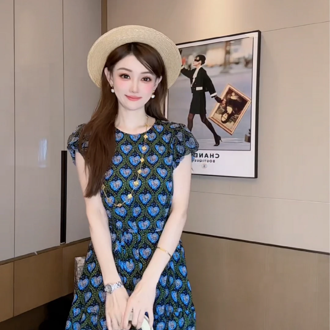 【丝芙玉禄】（S121）真丝双绉桑蚕丝气质印花拼色爱心女真丝装连衣裙