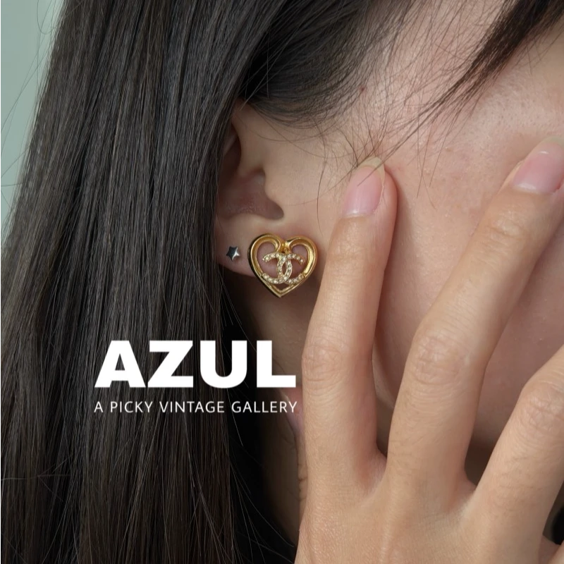99新 Chanel/香奈儿 Azul-23C金色镂空爱心双C耳钉/51787