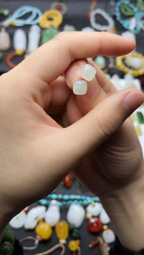 银S925镶嵌和田玉耳饰方糖耳钉06