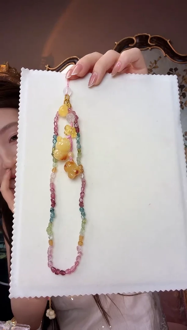 未镶嵌颈饰蜜蜡蜜蜡双小熊碧玺项链