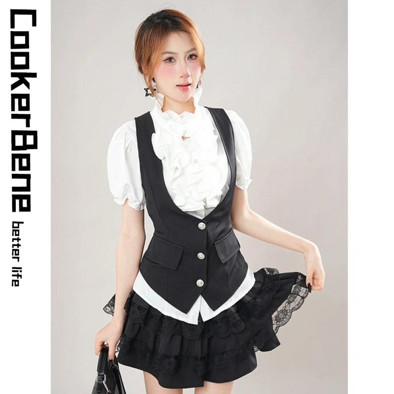 古着文艺复古衬衫+短裙+马甲三件套制服2025秋季新款洋气套装女