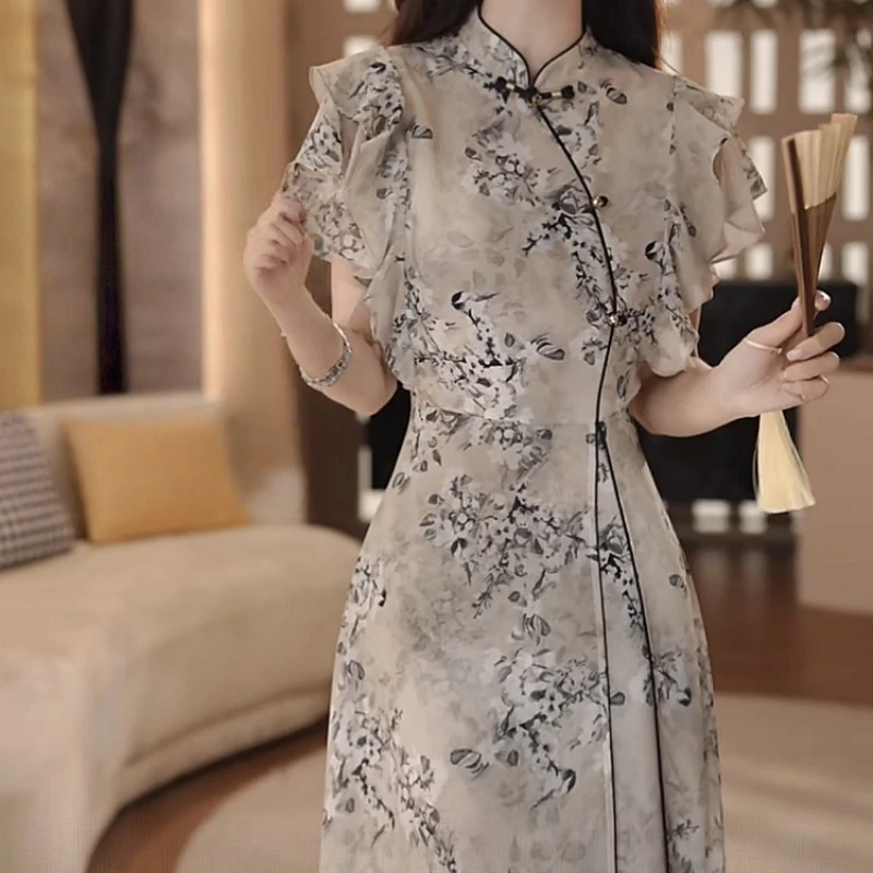 2025夏季新款时尚优雅高级感水墨画印花修身显瘦洋气中长款连衣裙