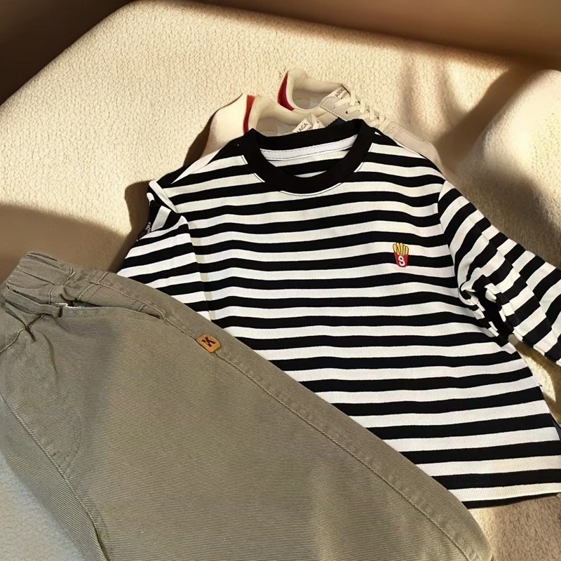 【薯条纯棉卫衣】儿童春秋男女童中大童经典条纹百搭洋气萌娃WD026