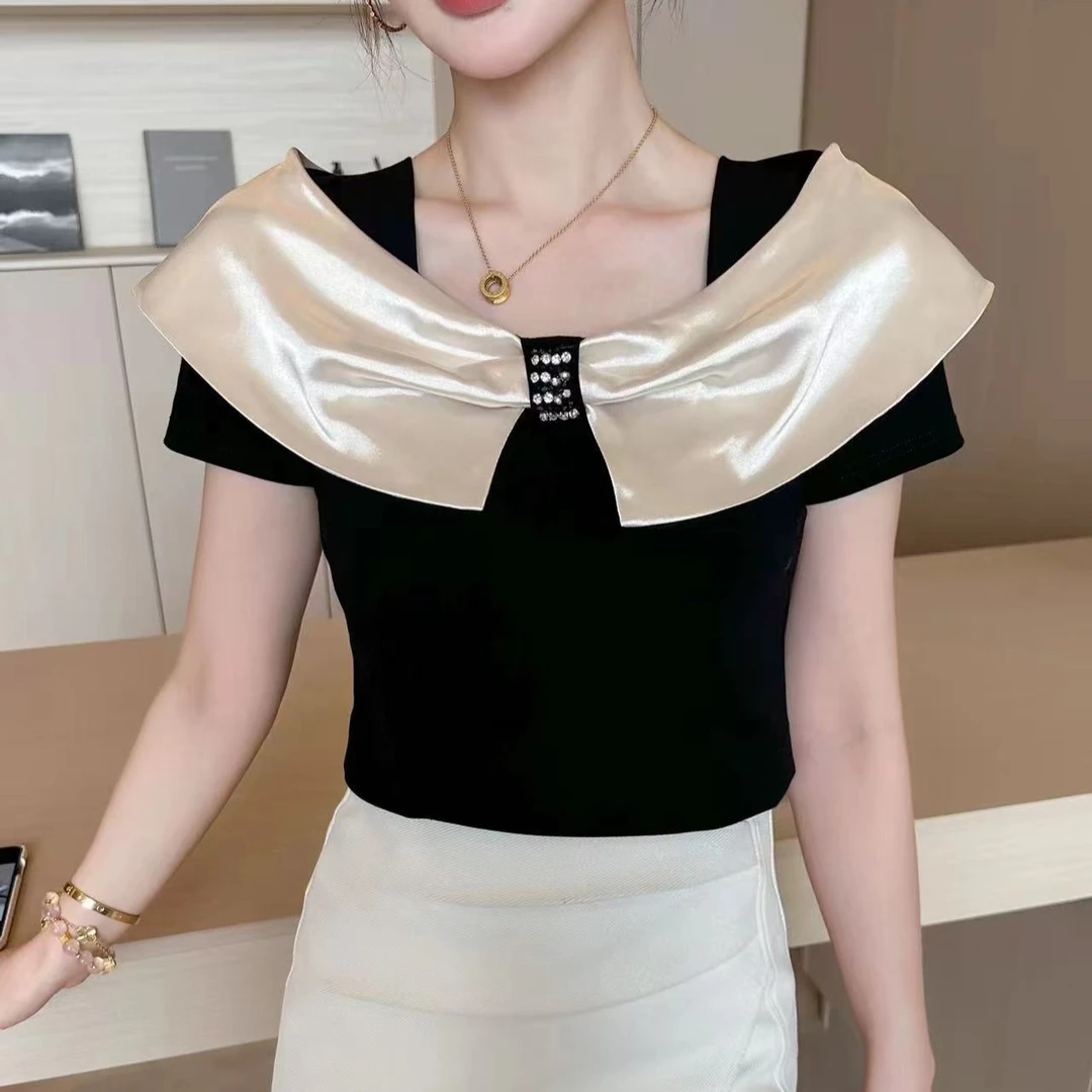 法式轻奢高级感方领洋气百搭短袖T恤女2025夏季新款别致拼接上衣