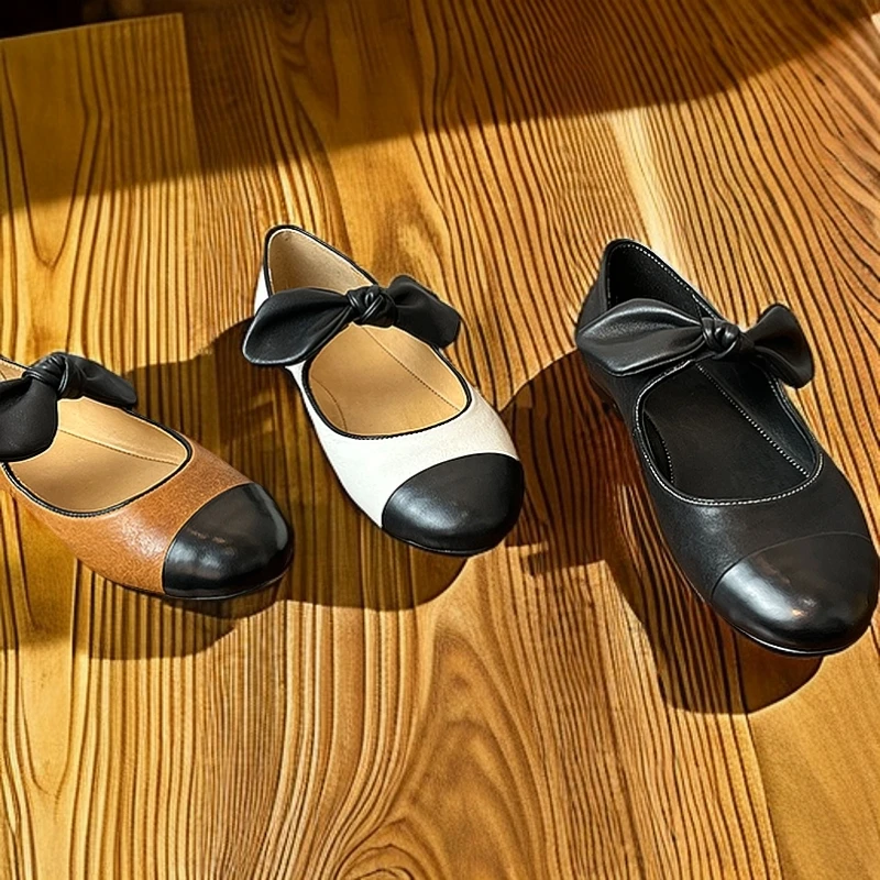 高档水洗马皮牛皮里小香风芭蕾舞单鞋女春款平底蝴蝶结玛丽珍鞋潮