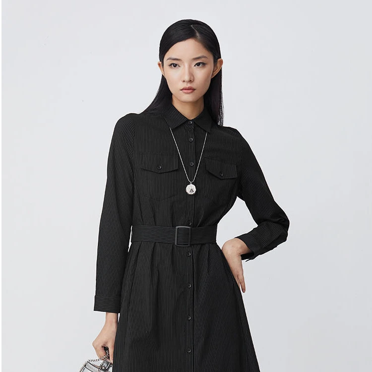 sdeer圣迪奥女装翻领撞色条纹收腰衬衫连衣裙S21481227