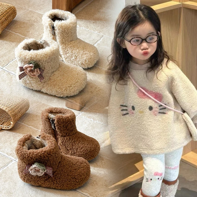 儿童鞋子2025冬季新款韩版女童毛毛鞋外穿女小童加绒棉鞋高帮