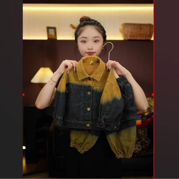 2025春季新款港风复古时尚软牛仔百搭萌娃穿搭渐变重工外套22062