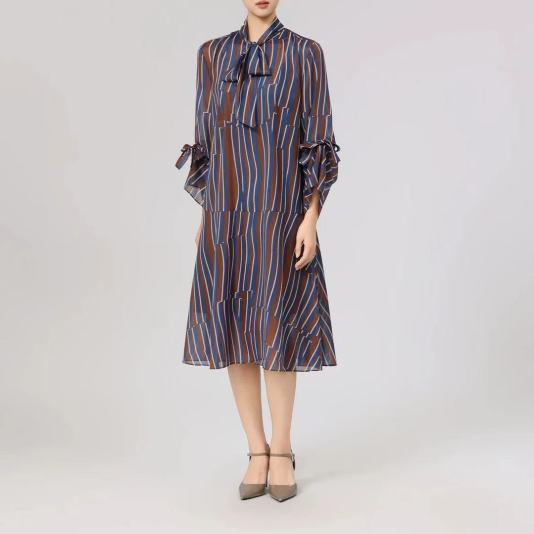 AMASS阿玛施 25年新款宽松中袖飘带中长款洋装连衣裙5500554 女士