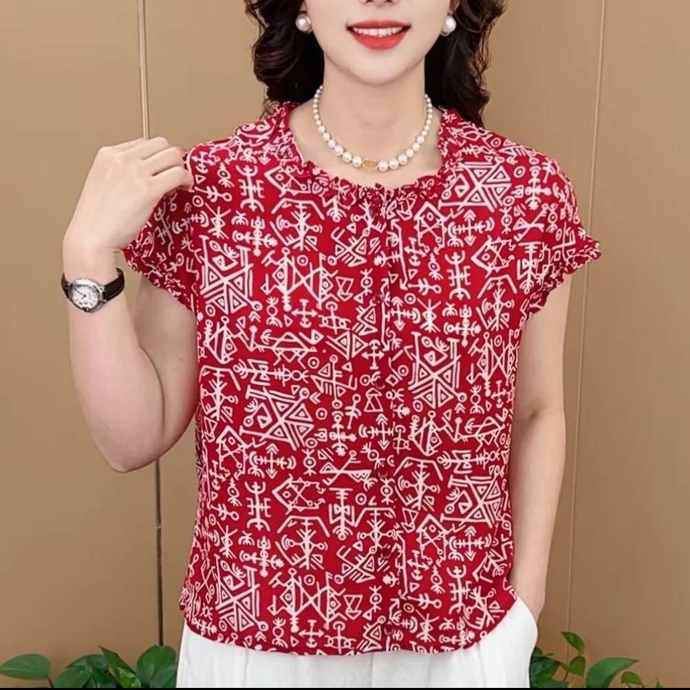 【无抽绳】夏季新款时尚圆领木耳花边设计洋气妈妈装百搭休闲短袖