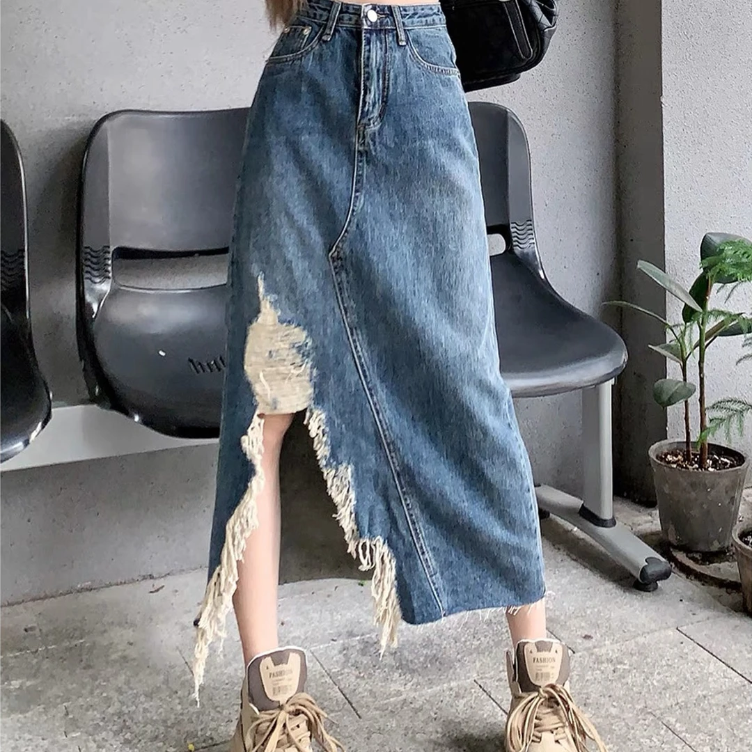 9017不规则开叉韩版牛仔半身裙女高腰显瘦中长款a字裙潮流设计