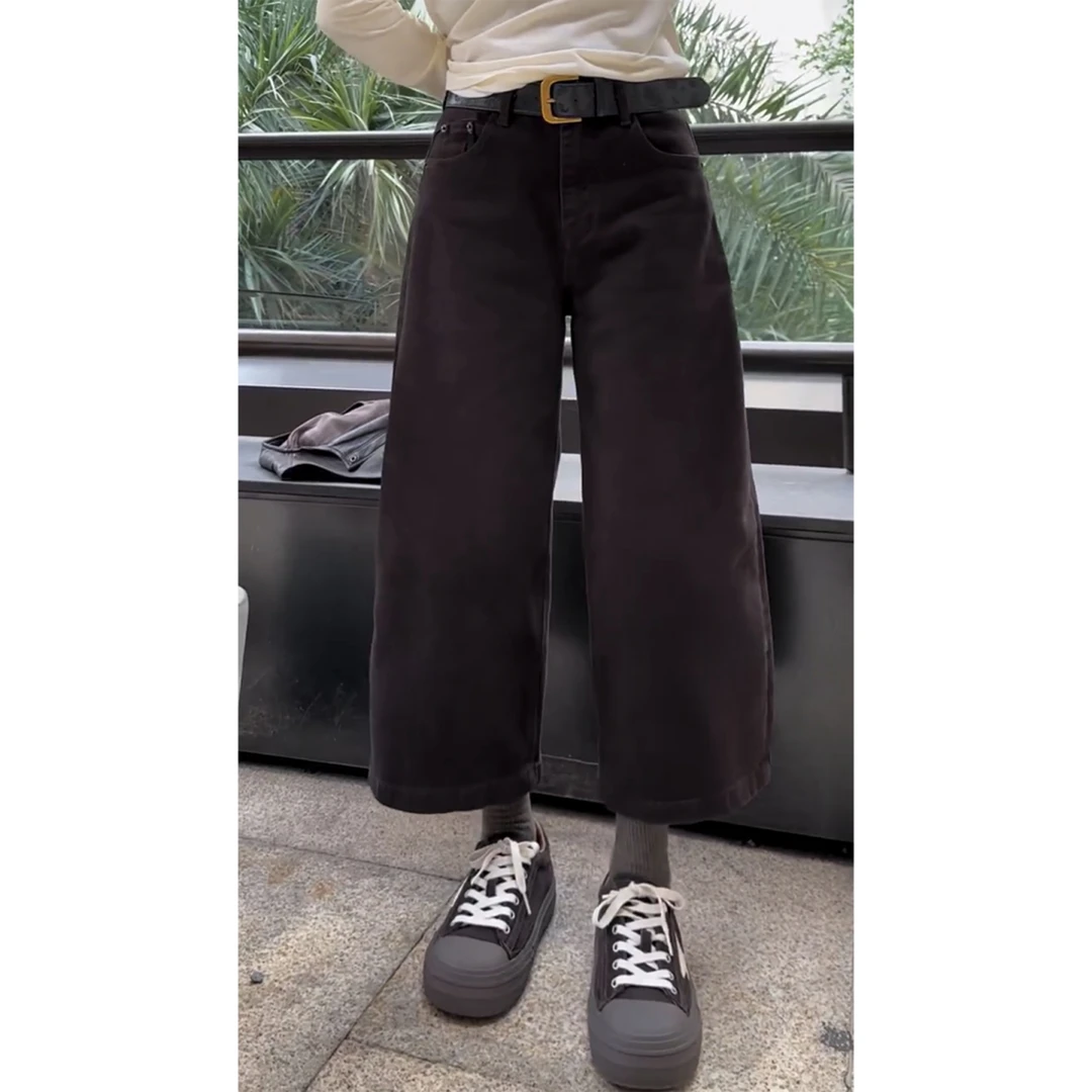 艾塔莉秋季新款牛仔裤女宽松大码阔腿裤水洗复古直筒裤高腰八分裤