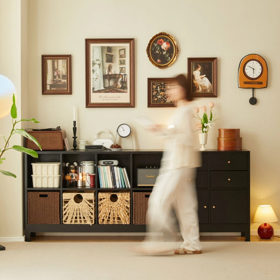 美式简约格子落地置物柜子书柜抽屉式藤编边柜复古客厅家用储物柜