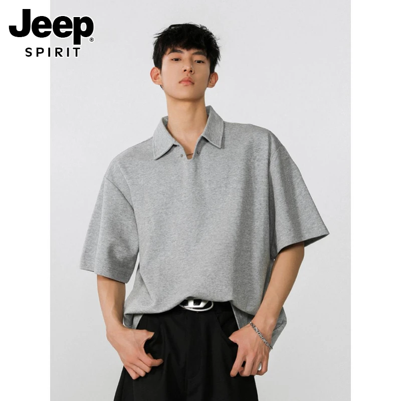 JEEPSPIRIT潮流海鸥领短袖男款宽松衫夏重磅cleanfit美式t恤痞帅