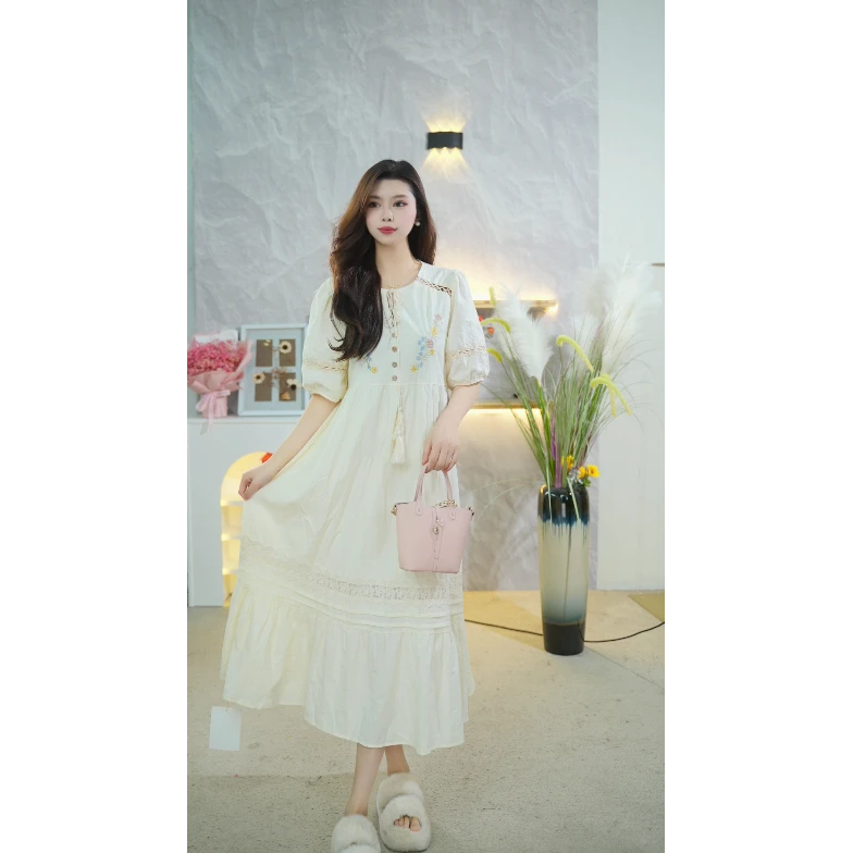 100%纯棉夏季新款时尚民族风刺绣款气质长款连衣裙82066