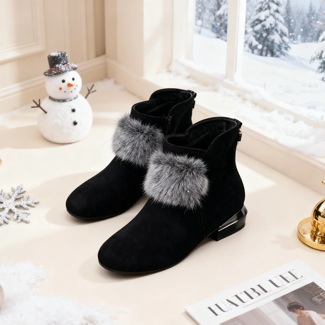 2025年小短靴毛毛冬款加绒保暖棉靴厚底妈妈高帮雪地靴软底短靴