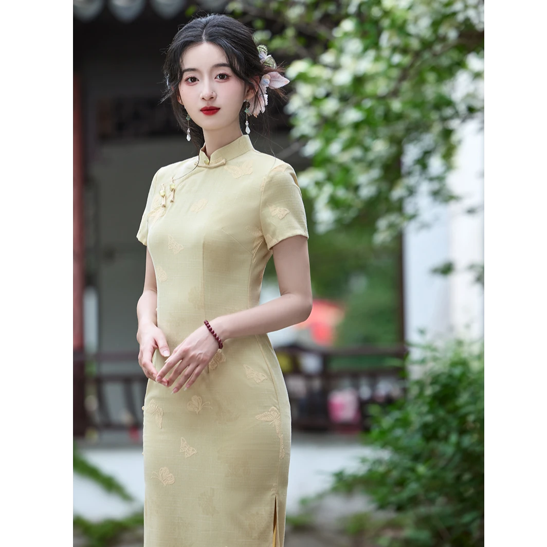 旗袍新中式少女旗袍新中式黄色复古双层日常气质2025年夏季新款