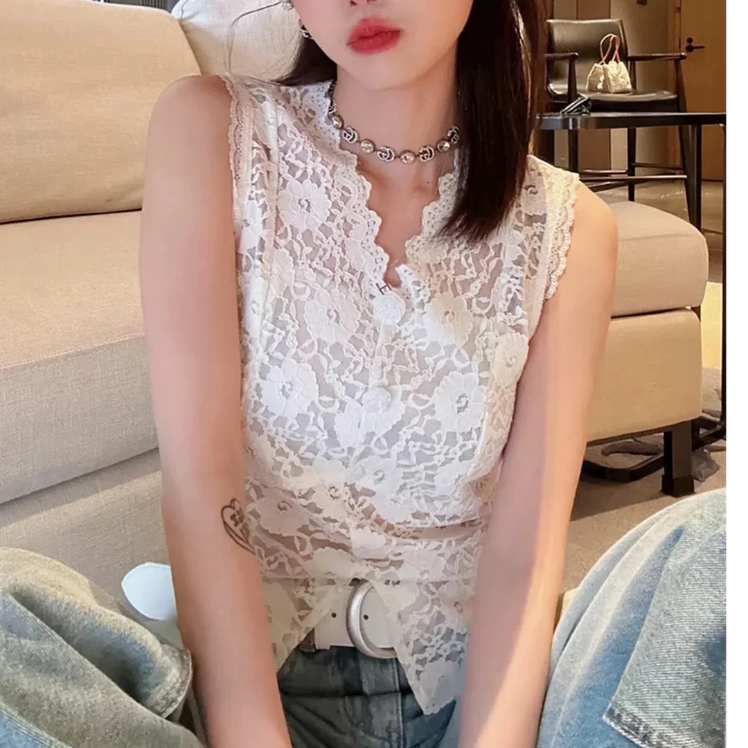 米莱jiaer/8808春夏蕾丝设计花边V领开叉背心内搭外穿打底衫