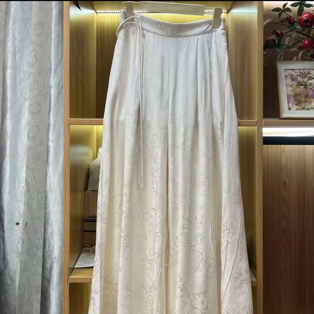 裤子时尚百搭新中式女士国风提花女装蕾丝气质白色休闲夏季复古