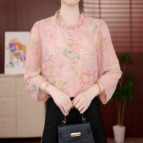 2025新款粉面含春清凉七分袖套头衬衫女气质休闲百搭女士减龄上衣