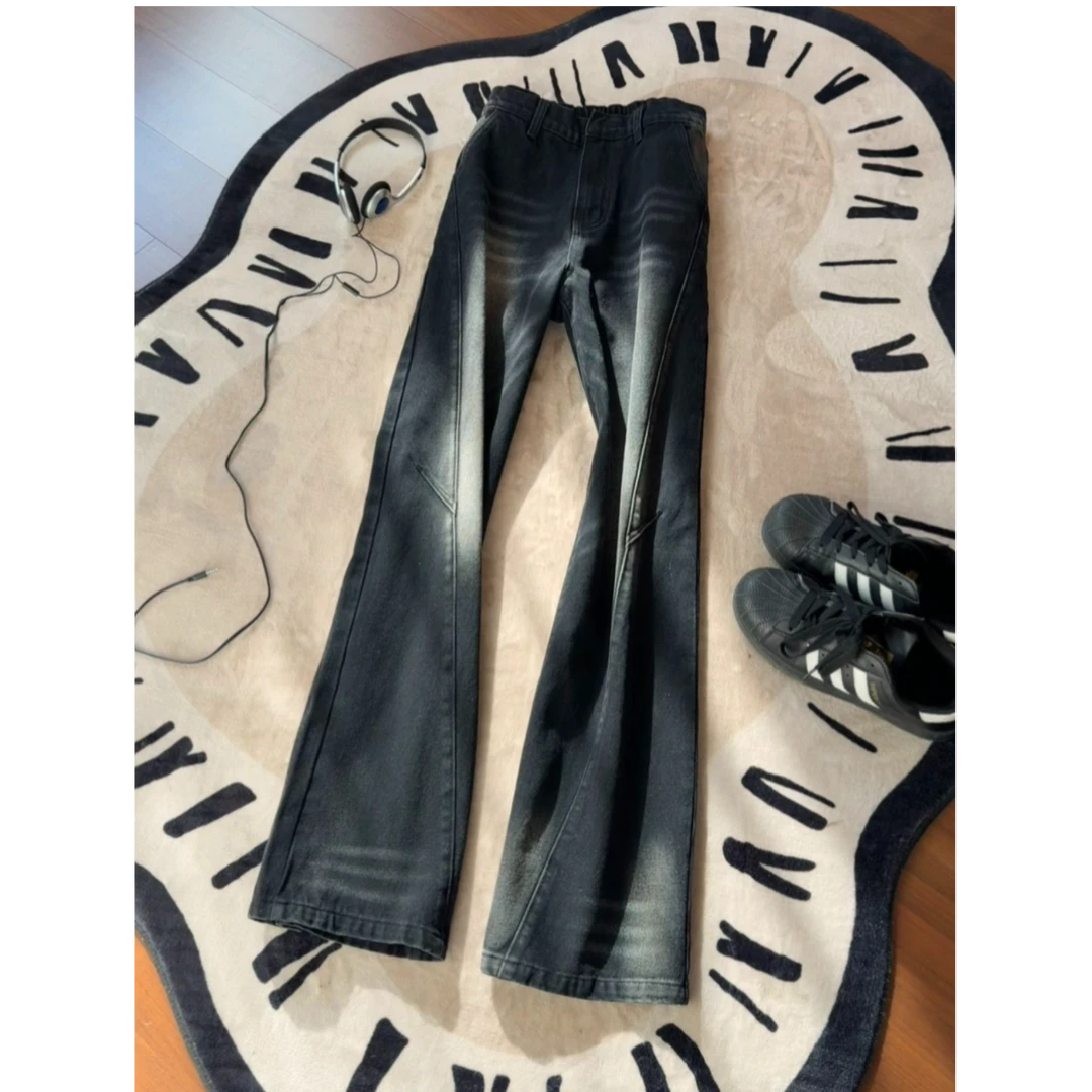 美式斜切牛仔裤男款潮流高街直筒复古设计感cleanfit微喇长裤子