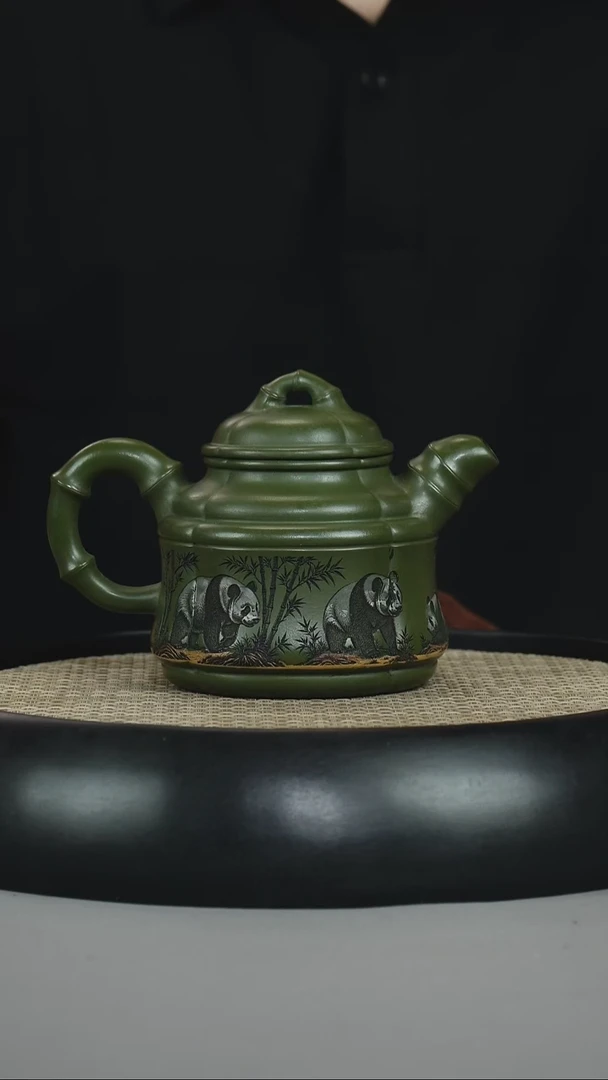 茶壶紫砂绿泥 竹鼎 刻熊猫