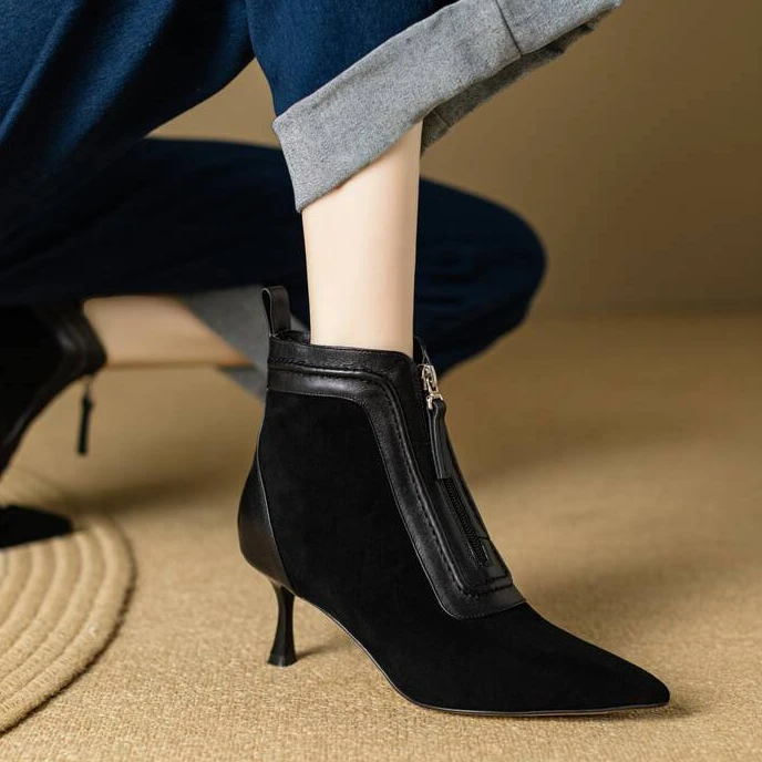 【6.0cm】羊皮细根软底时尚百搭尖头复古短靴1733