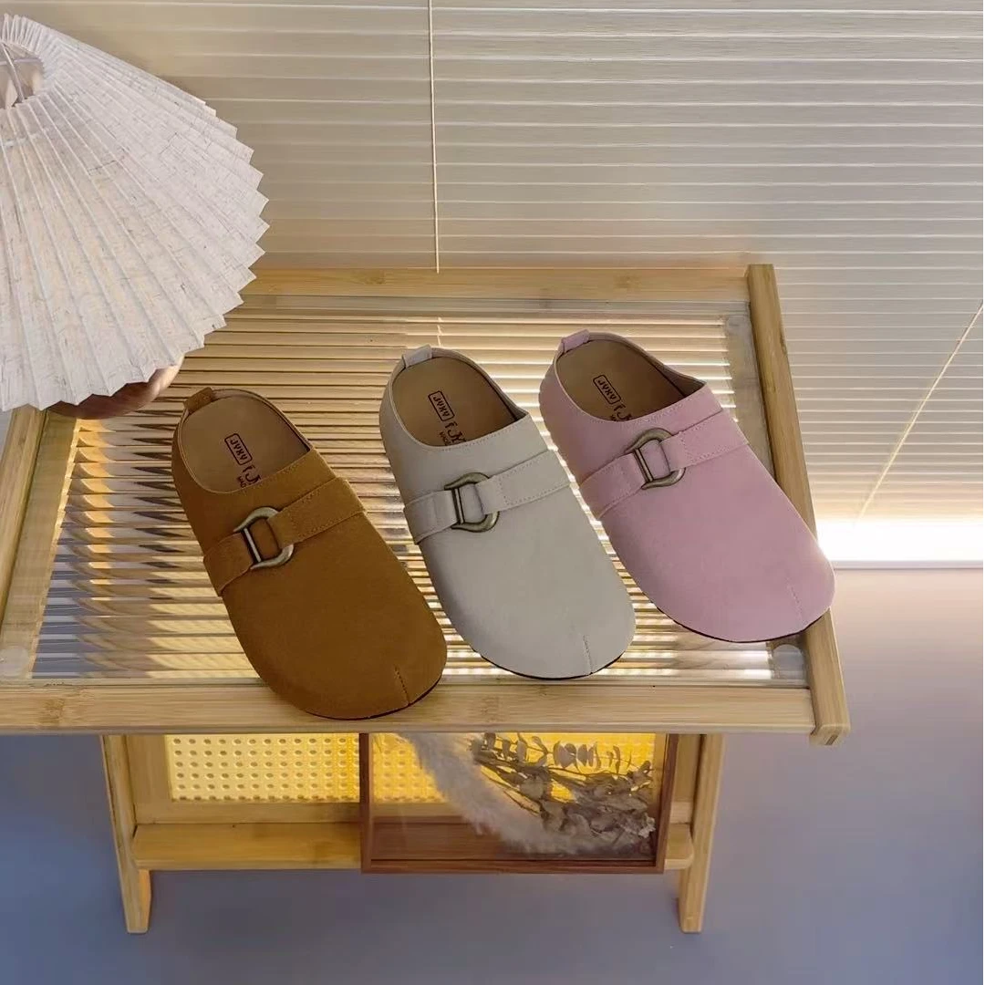 2025早春新款简约高级厚底金属扣设计复古英伦风外穿女博肯拖鞋