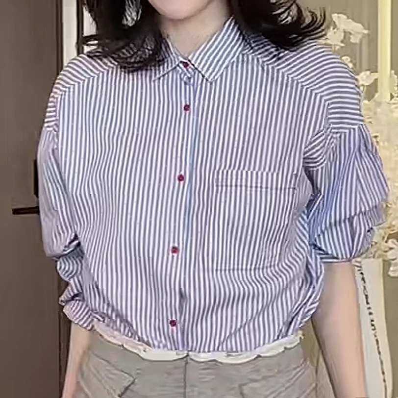 设计感经典时尚撞色竖条纹衬衫女2025春季新款气质口袋时尚衬衣