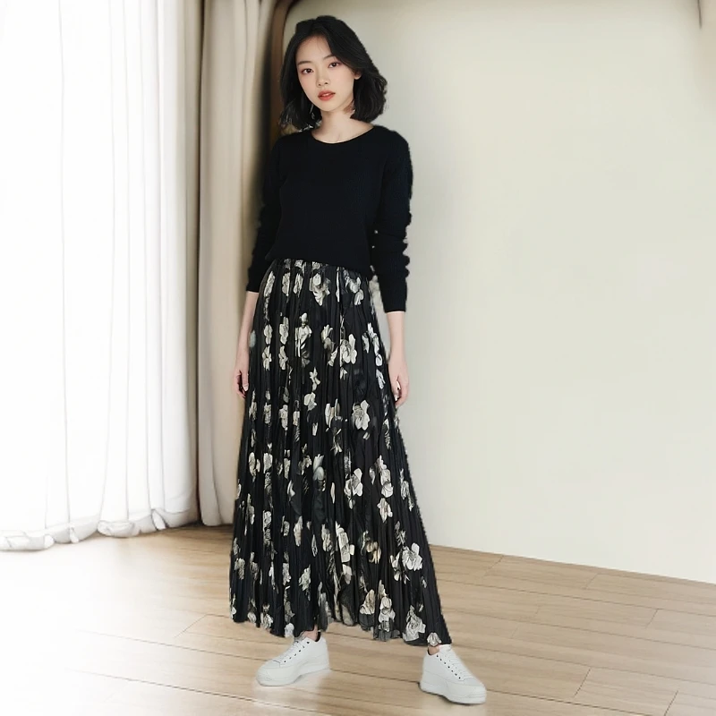 山茶花复古港风褶皱半身裙夏季新款印花遮胯显瘦大摆休闲裙子