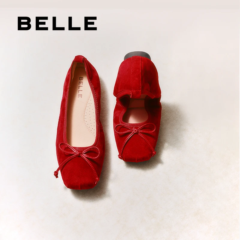 百丽红色平底蛋卷鞋女2025新款上班羊皮芭蕾鞋浅口单鞋子B2434AQ5
