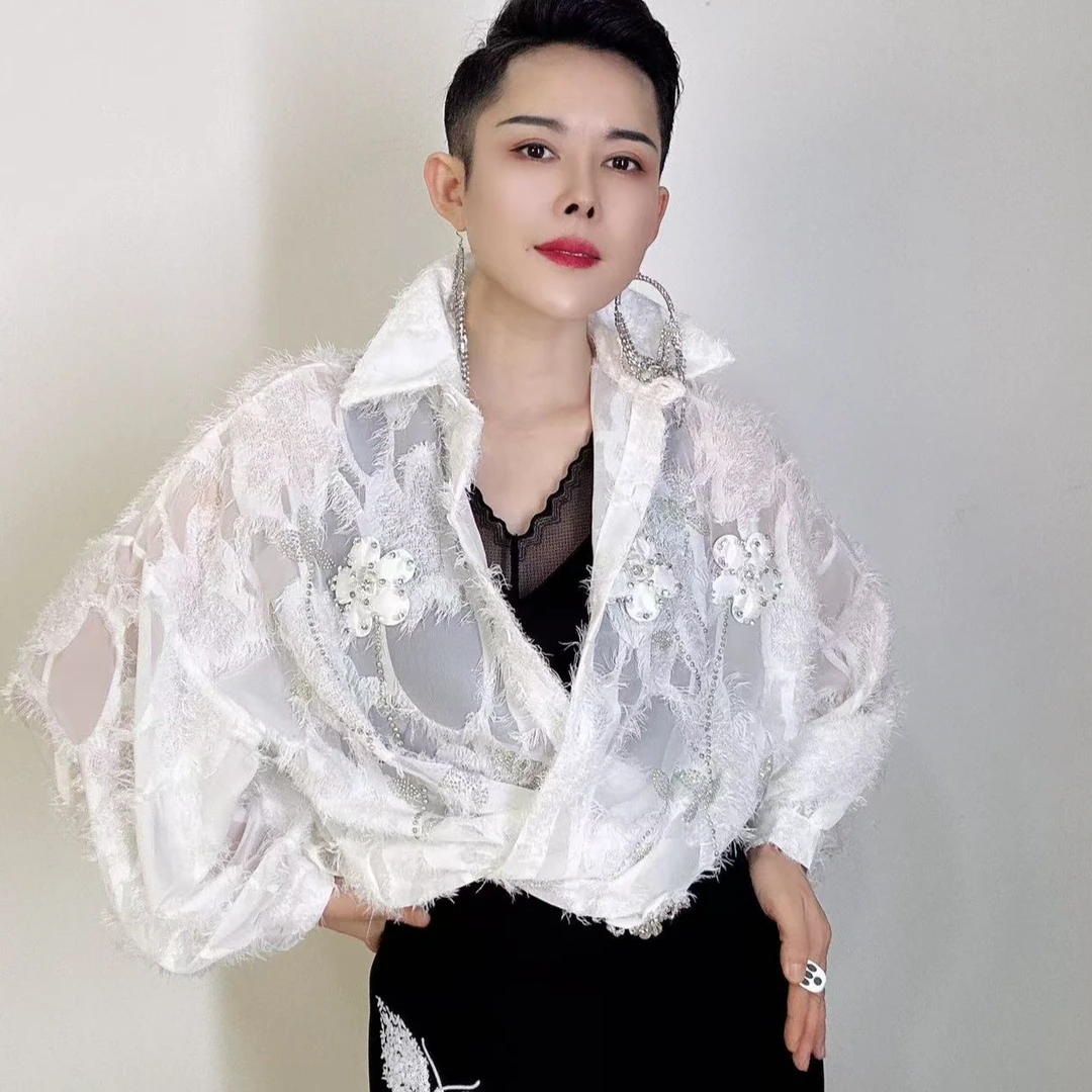 2025春季新款法式气质钉珠烫钻立体花朵装饰polo领长袖衬衫女衬衣