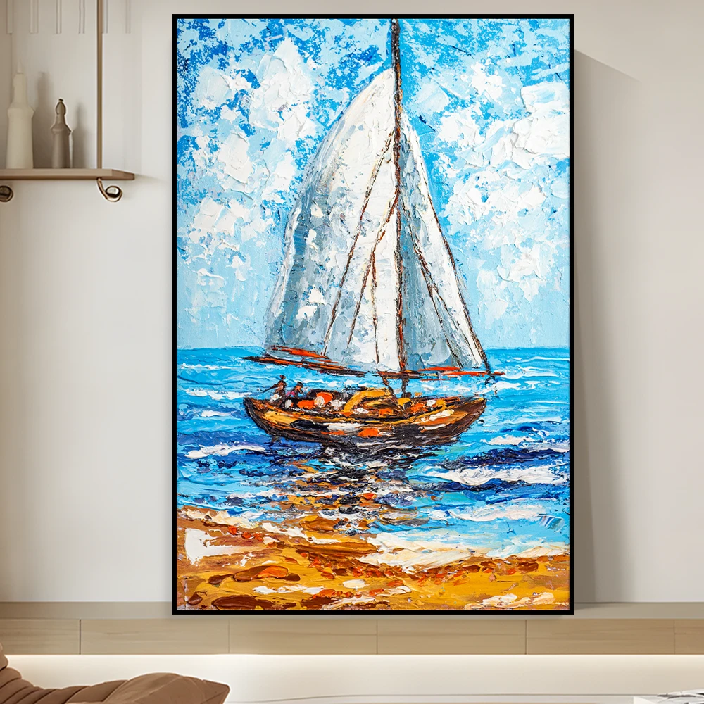 现代客厅肌理画入户玄关装饰画奶油风客厅走廊沙滩挂画帆船044