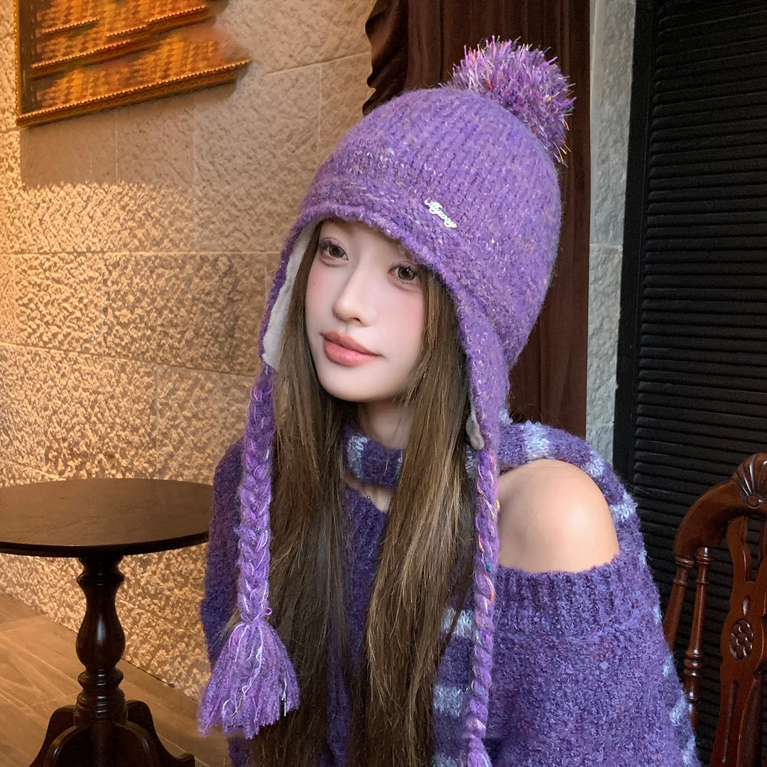 毛球护耳麻花辫子毛线帽子女秋冬季加绒保暖防寒绑带包头休闲雷锋