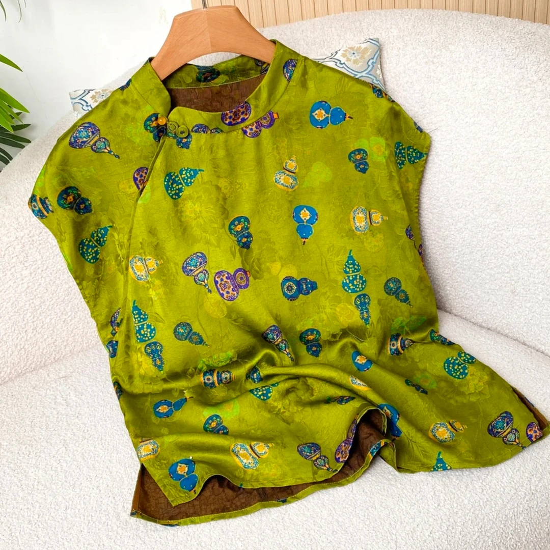 【绿意葫芦】100桑蚕丝立领斜襟香云纱女短袖夏季上衣T恤979