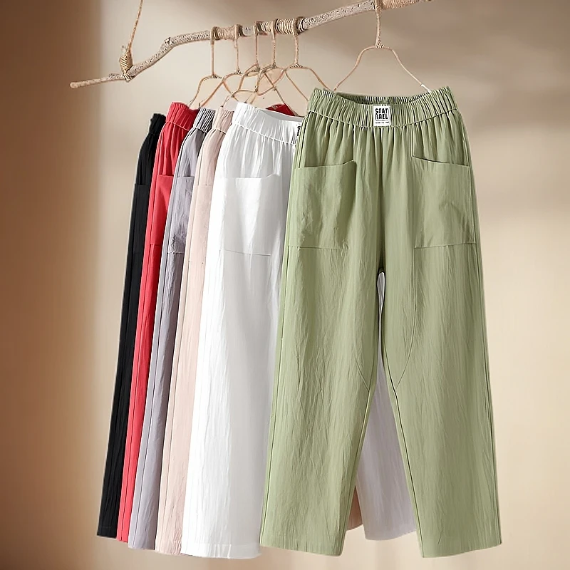 棉麻休闲裤女显瘦百搭高腰韩版直筒裤大码宽松白色裤子女款2025新