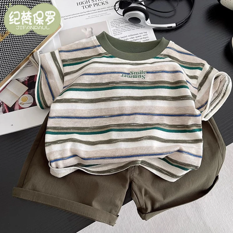 男童夏装短袖2025新款中小童夏季衣服男宝宝条纹潮童装