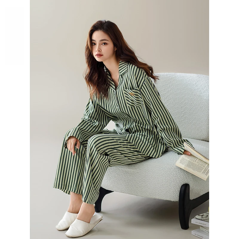 睡衣女款春夏季棉质开衫长袖套装休闲宽松大码绿色条纹外穿家居服