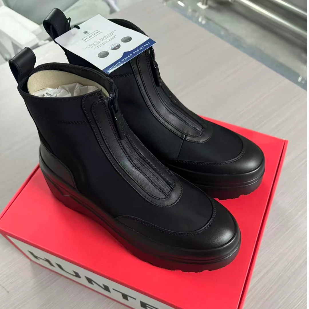 百搭女士黑色牛皮冬季皮靴中帮-HTWZ-001