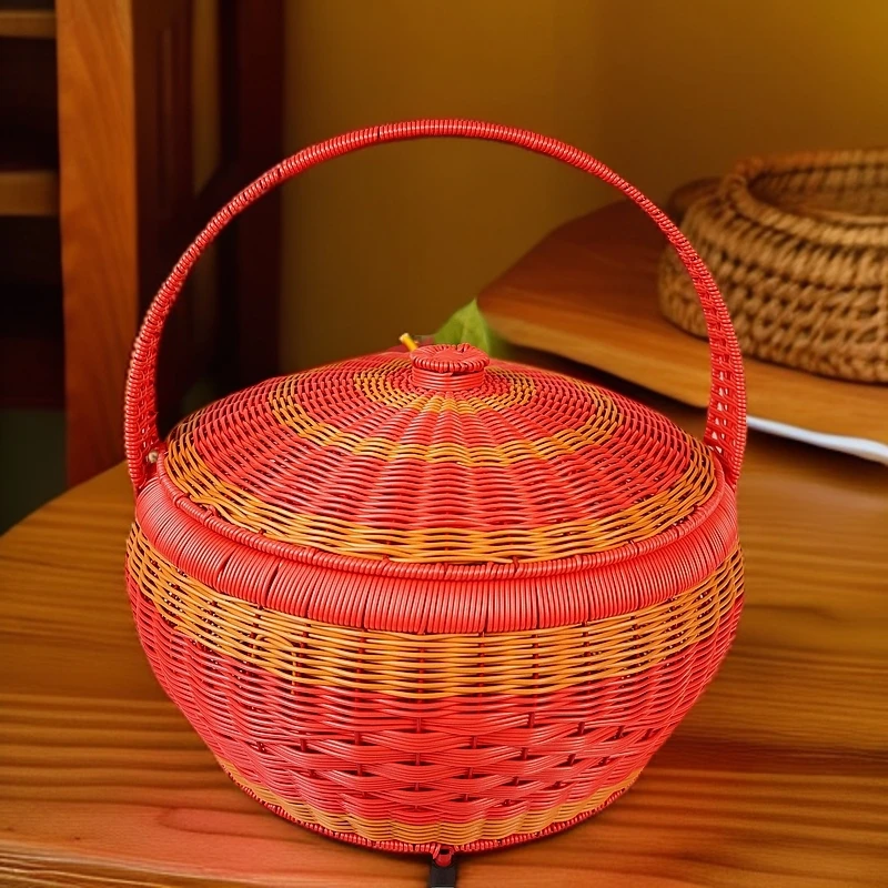 红色提篮圆形单层带脚带盖子工厂发喜庆提篮拜拜篮野餐篮结婚礼篮