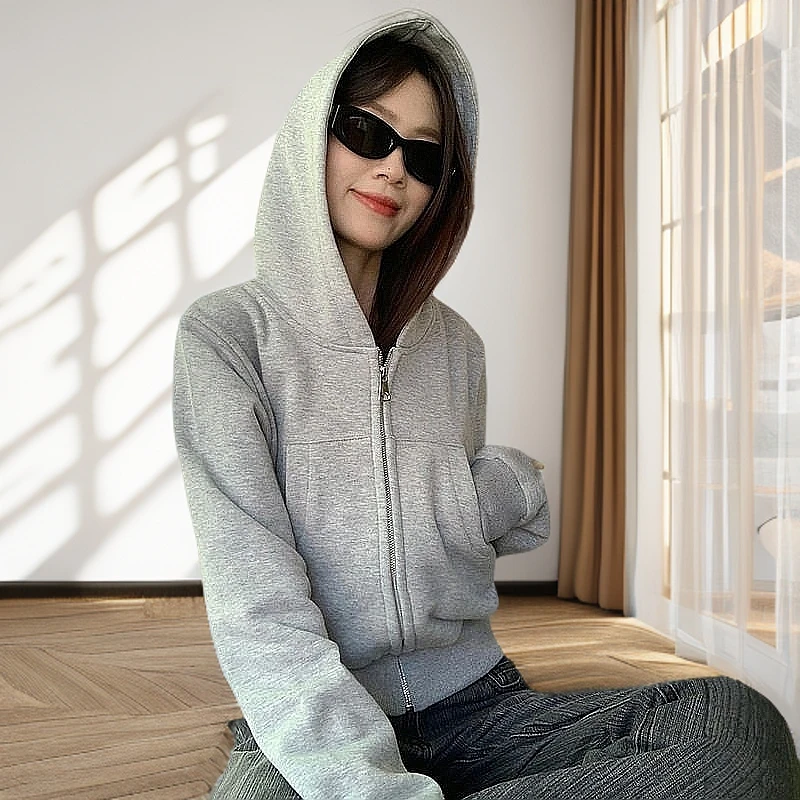 韩系小个子短款连帽卫衣外套女春秋2025新款休闲百搭开衫拉链上