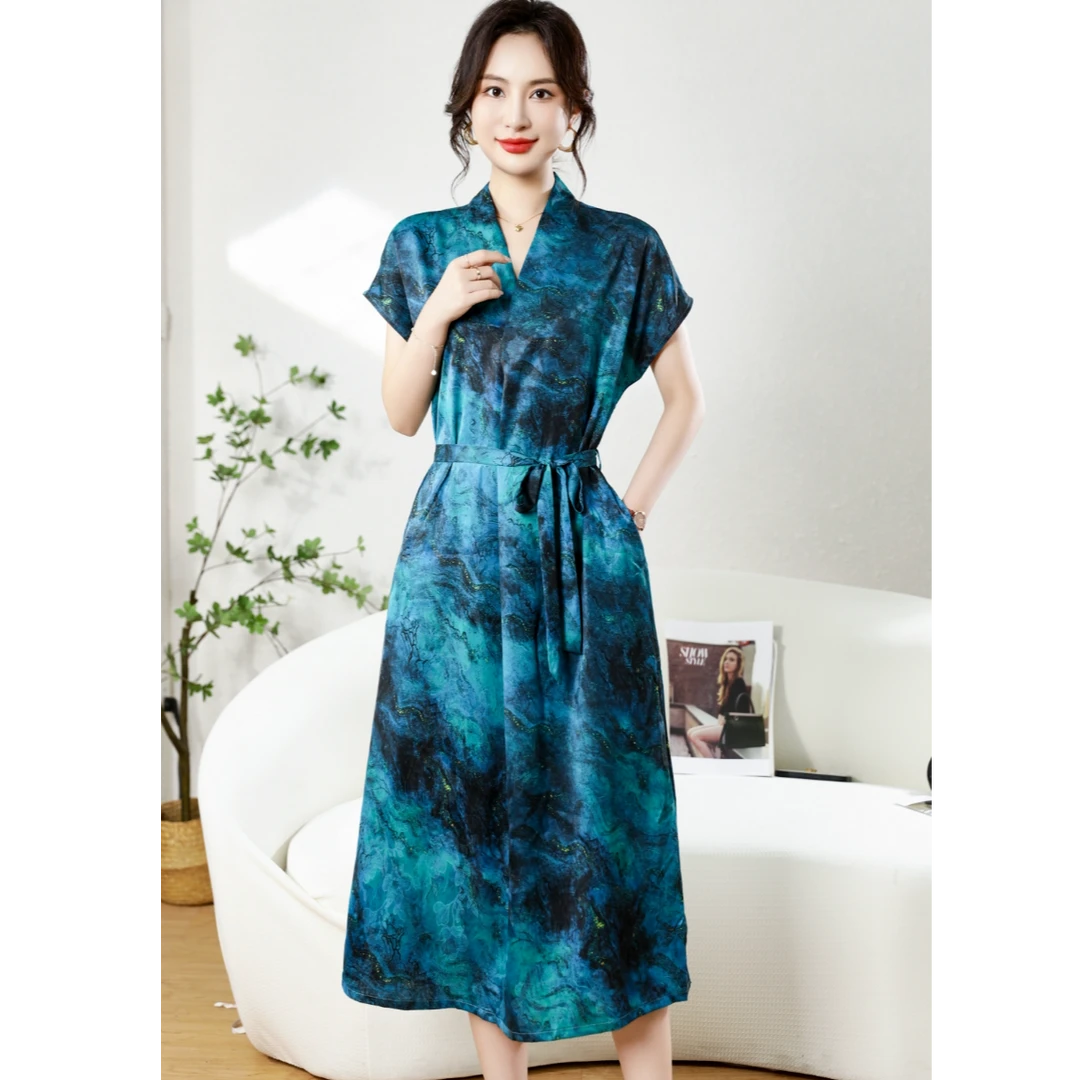 Y1290新中式V领蓝海短袖宽松连衣裙落肩袖遮肚子显瘦显年轻中长裙